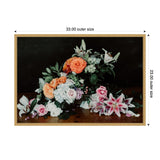 Framed canvas of a floral arrangement featuring orange roses, pink lilies, and white flowers against a dark background, with wooden frame edges visible