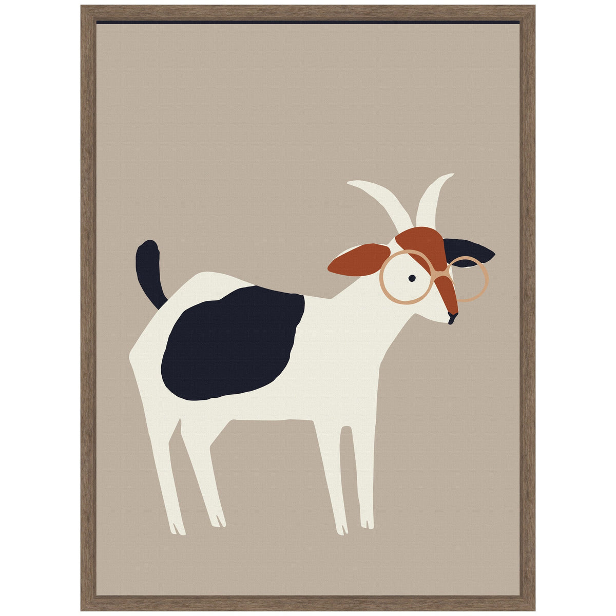 Minimalist illustration of a white goat with black spots and brown patches, wearing round glasses, on a taupe background framed in wood.