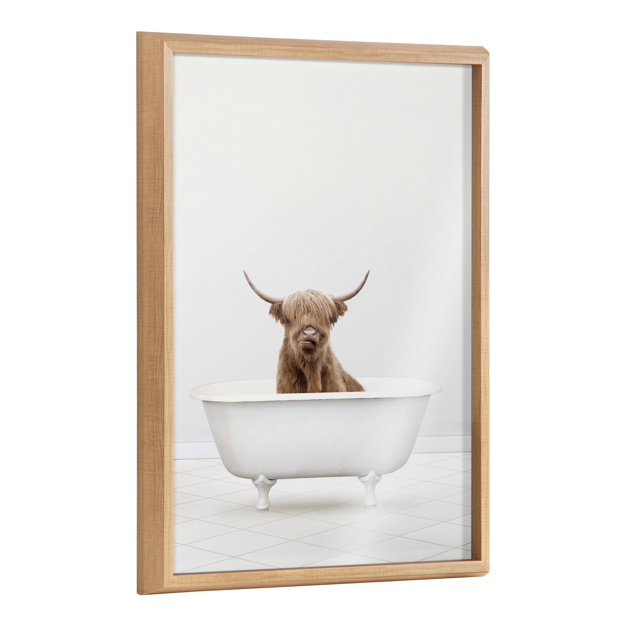 Framed printed glass art showing baby Highland cow sitting in a bathtub, by Amy Peterson Art Studio
