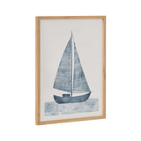 Framed minimalist artwork of a blue sailboat with patterned sails floating on abstract wavy water, set against a white background.
