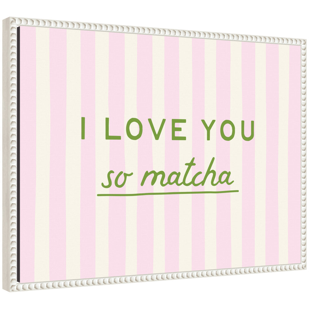 Framed canvas wall art featuring pink and green stripes titled I Love You So Matcha by Lucky Guava