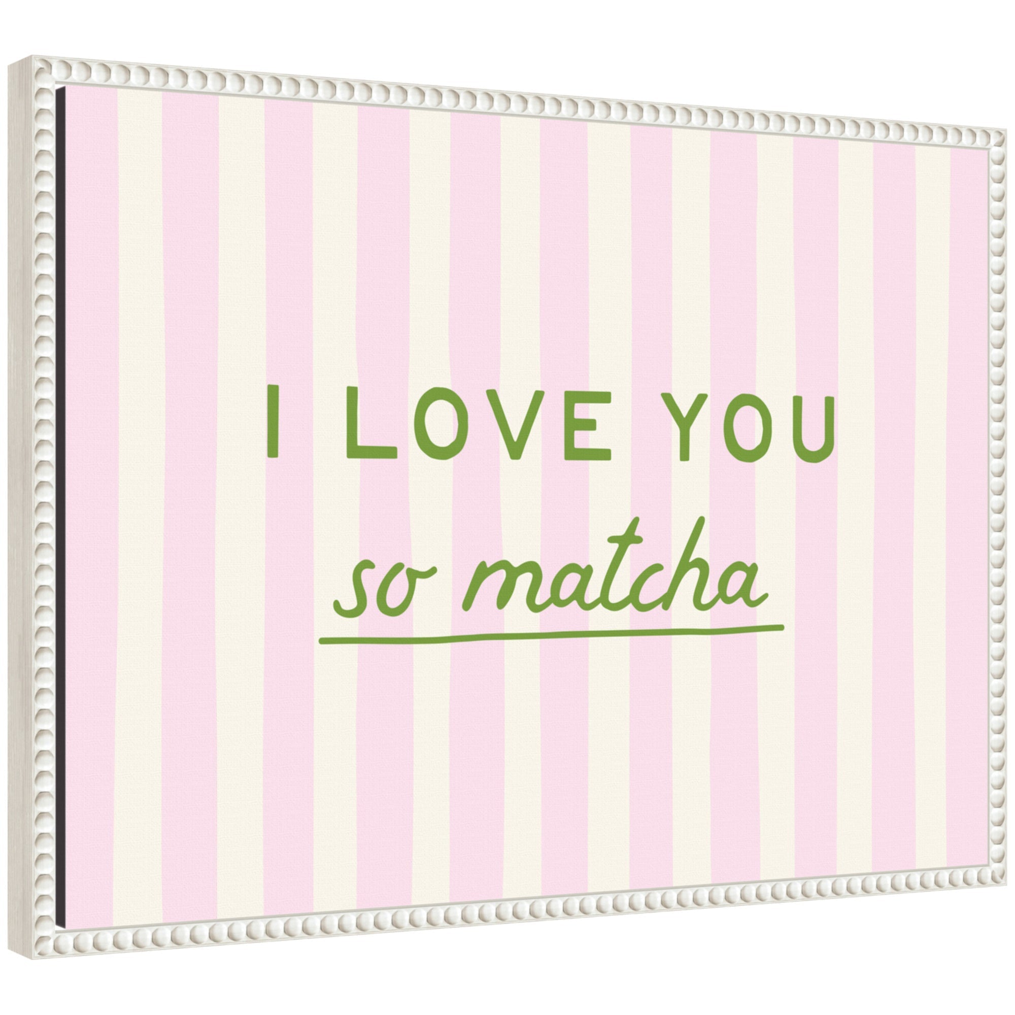 Framed canvas wall art featuring pink and green stripes titled I Love You So Matcha by Lucky Guava