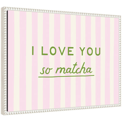 Framed canvas wall art featuring pink and green stripes titled I Love You So Matcha by Lucky Guava