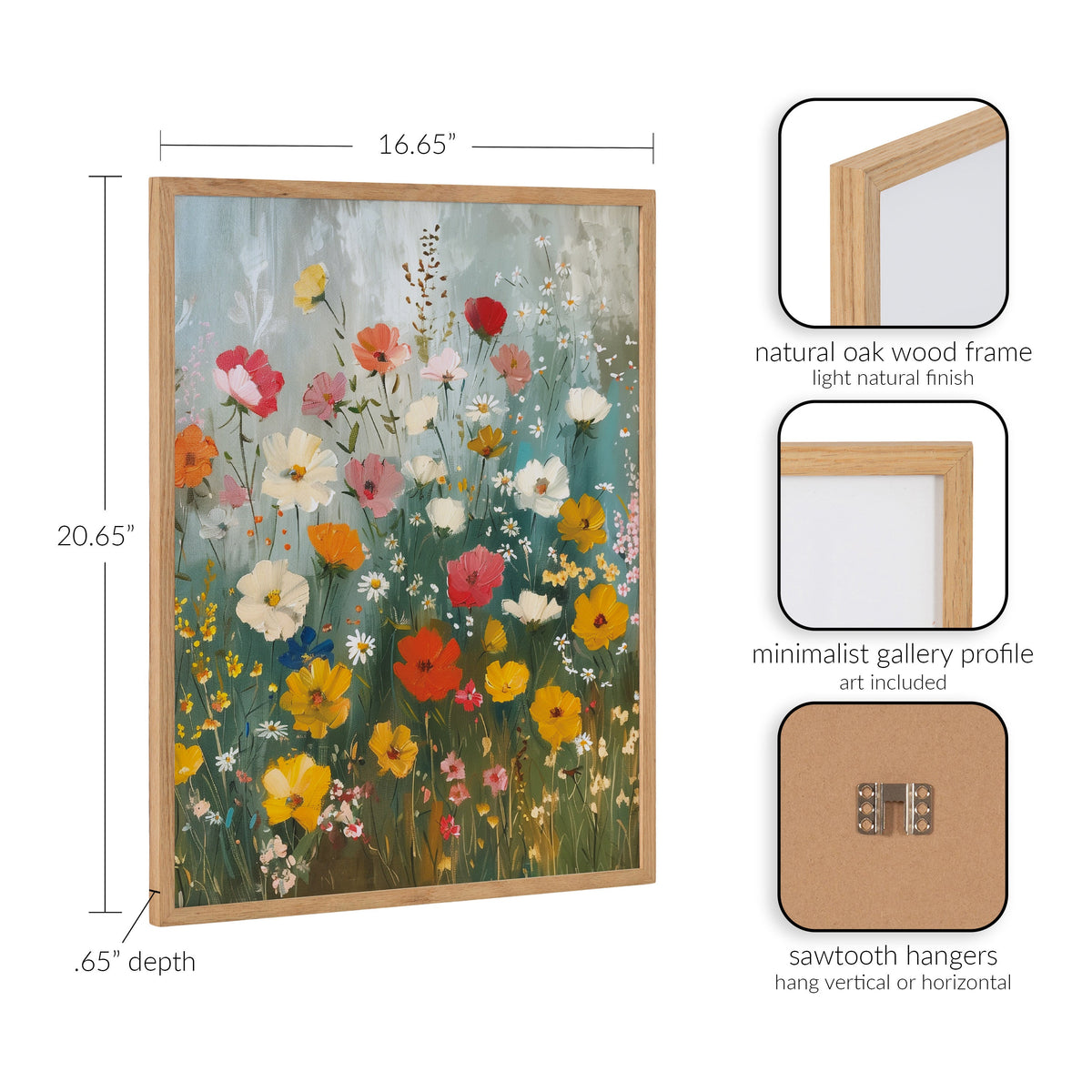 Framed print of colorful wildflowers in shades of red, pink, yellow, and white against a soft blue-green background with natural oak wood frame and minimalist gallery profile.