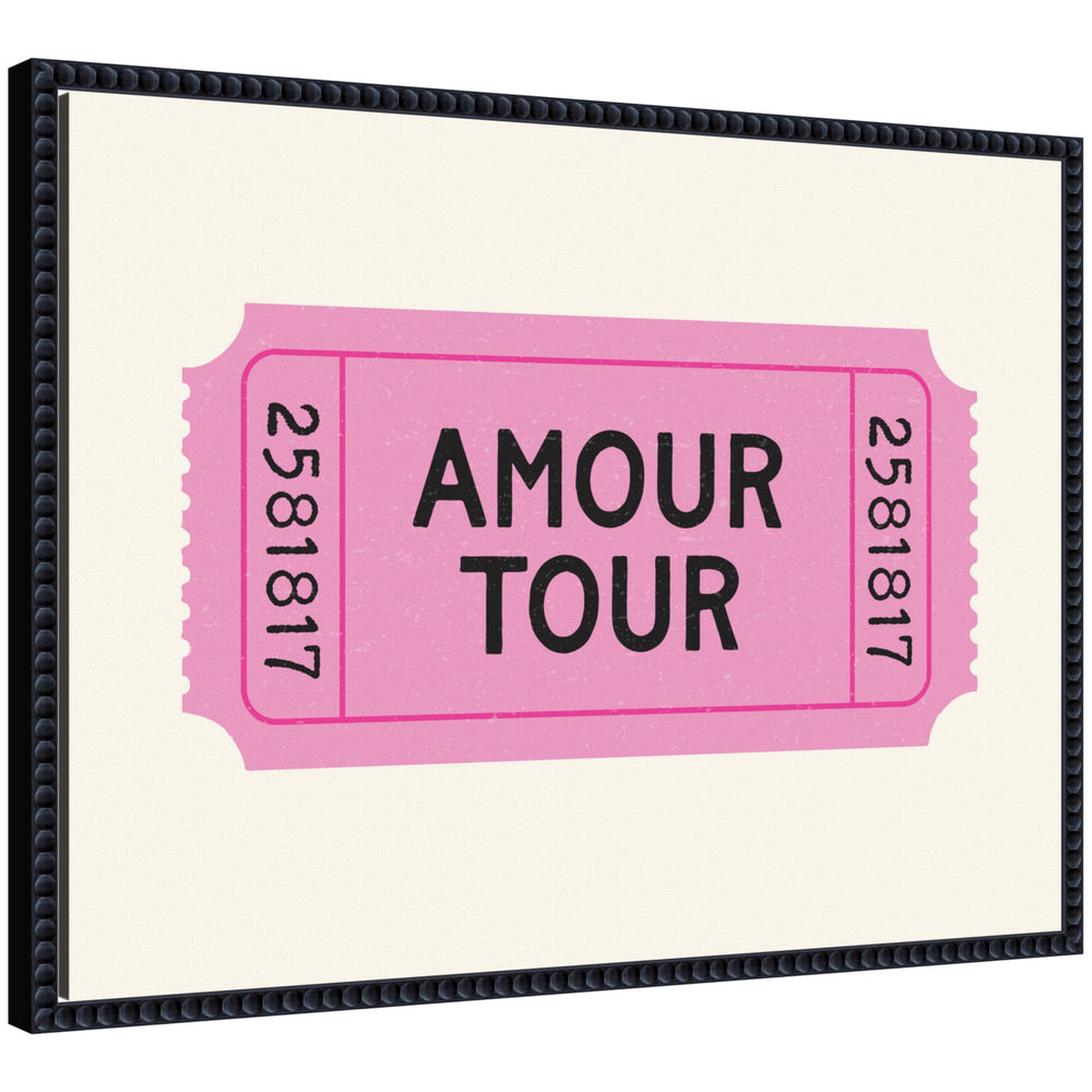 Pink Poster Retro Ticket Print by Lucky Guava in black Sylvie Beaded frame hanging on a white wall.