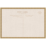 Vintage-style linen fabric pinboard designed as a blank postcard with divided address and message sections, framed in rustic wood.