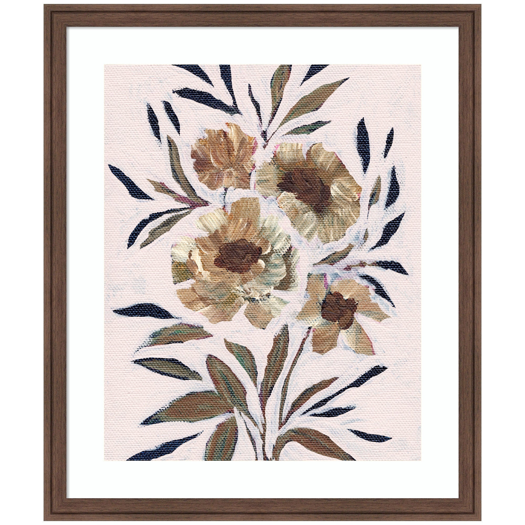 Framed Art Muted Paintrely Florals by Nikita Jariwala showing abstract flowers with large petals and leaves in earthy tones within a rustic farmhouse frame.