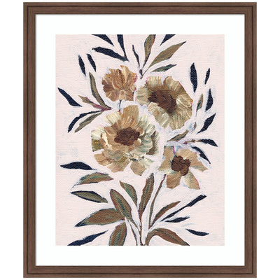 Framed Art Muted Paintrely Florals by Nikita Jariwala showing abstract flowers with large petals and leaves in earthy tones within a rustic farmhouse frame.