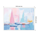 Abstract harbor scene with pastel pink and blue sailboats and soft reflections in the water, featuring loose brushstrokes and a serene sky background.