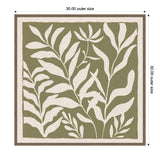 Square botanical canvas with white tropical leaf silhouettes on olive green background, bordered by neutral linen frame and thin brown outer edge, 30x30 inches.