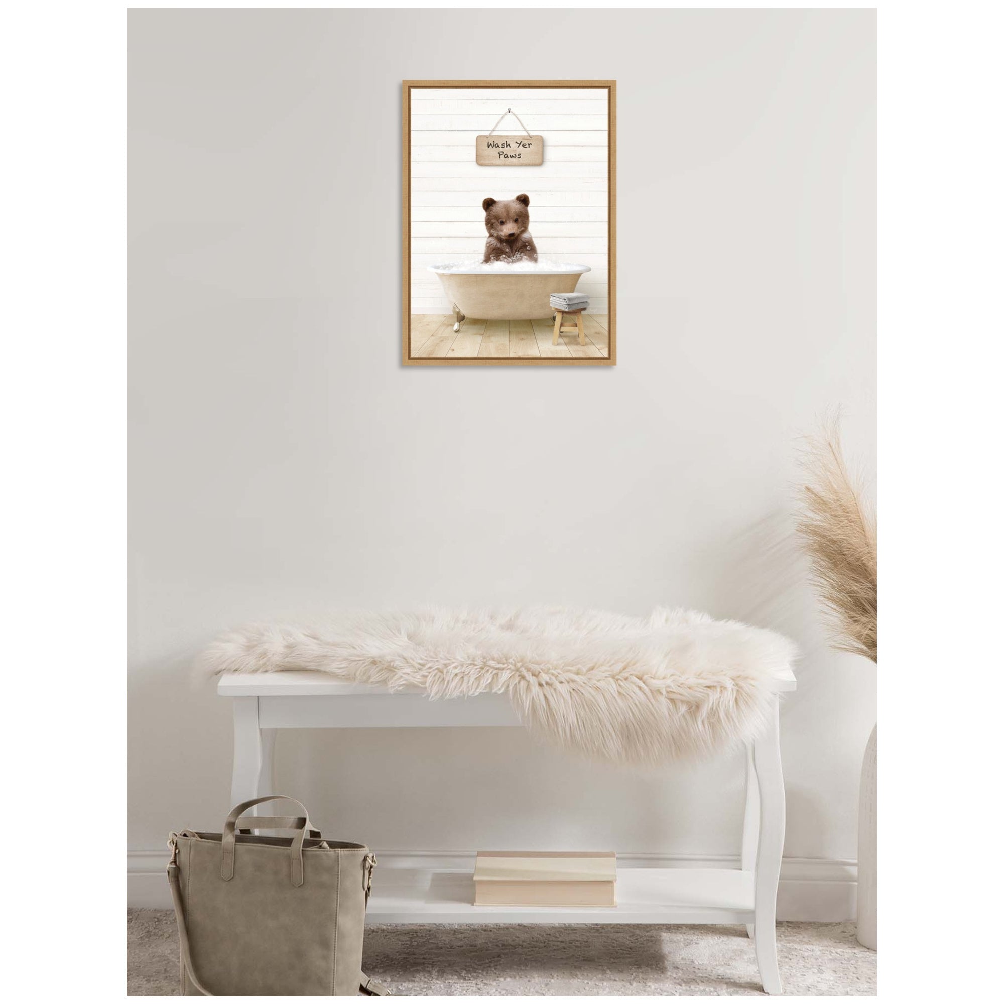 Sylvie Bear Cub in Modern Bathtub Wash Your Paws Framed Canvas