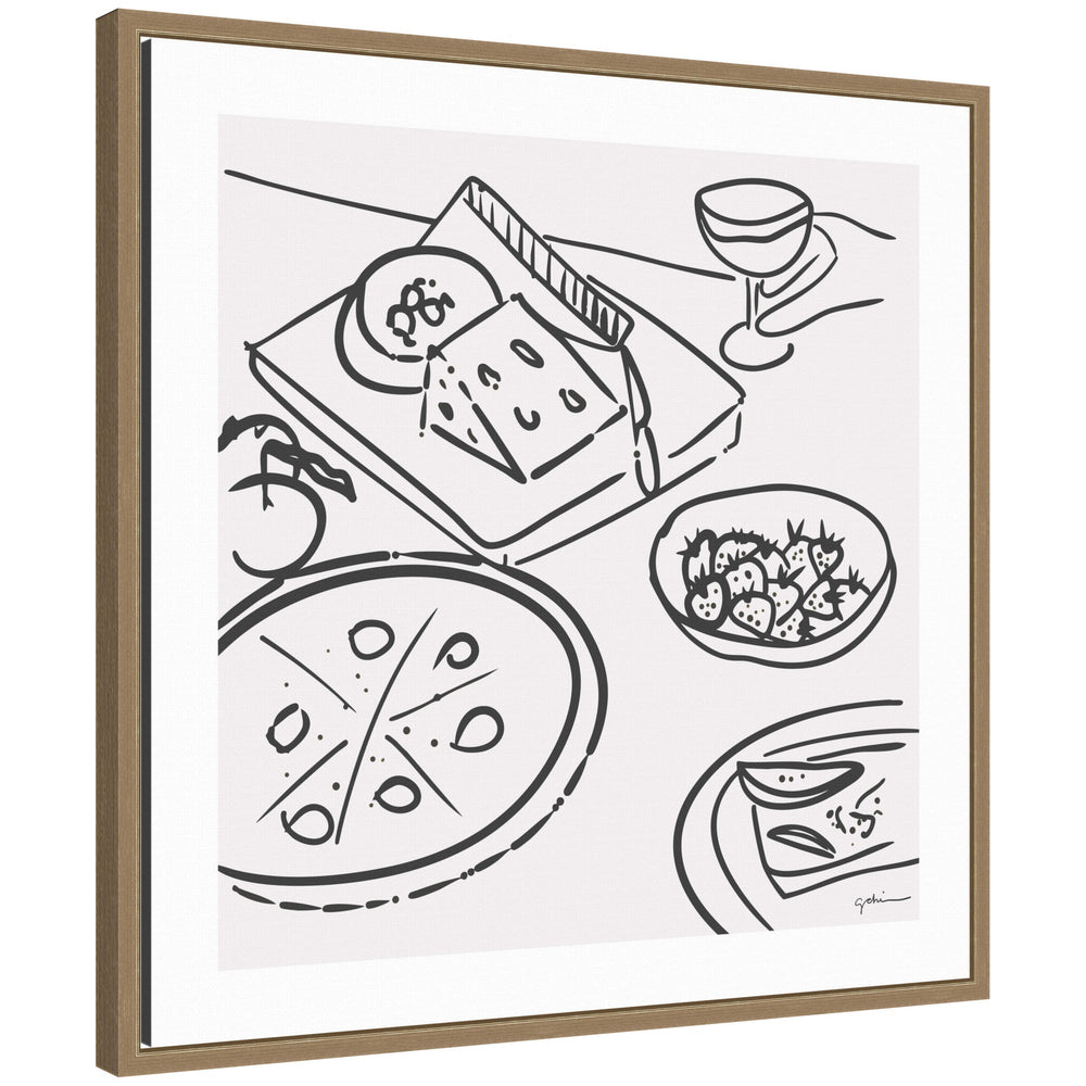 Dinner Club framed canvas wall art print by Gabrielly Guedes with a modern dining scene in Walnut Brown frame