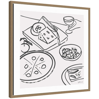 Dinner Club framed canvas wall art print by Gabrielly Guedes with a modern dining scene in Walnut Brown frame