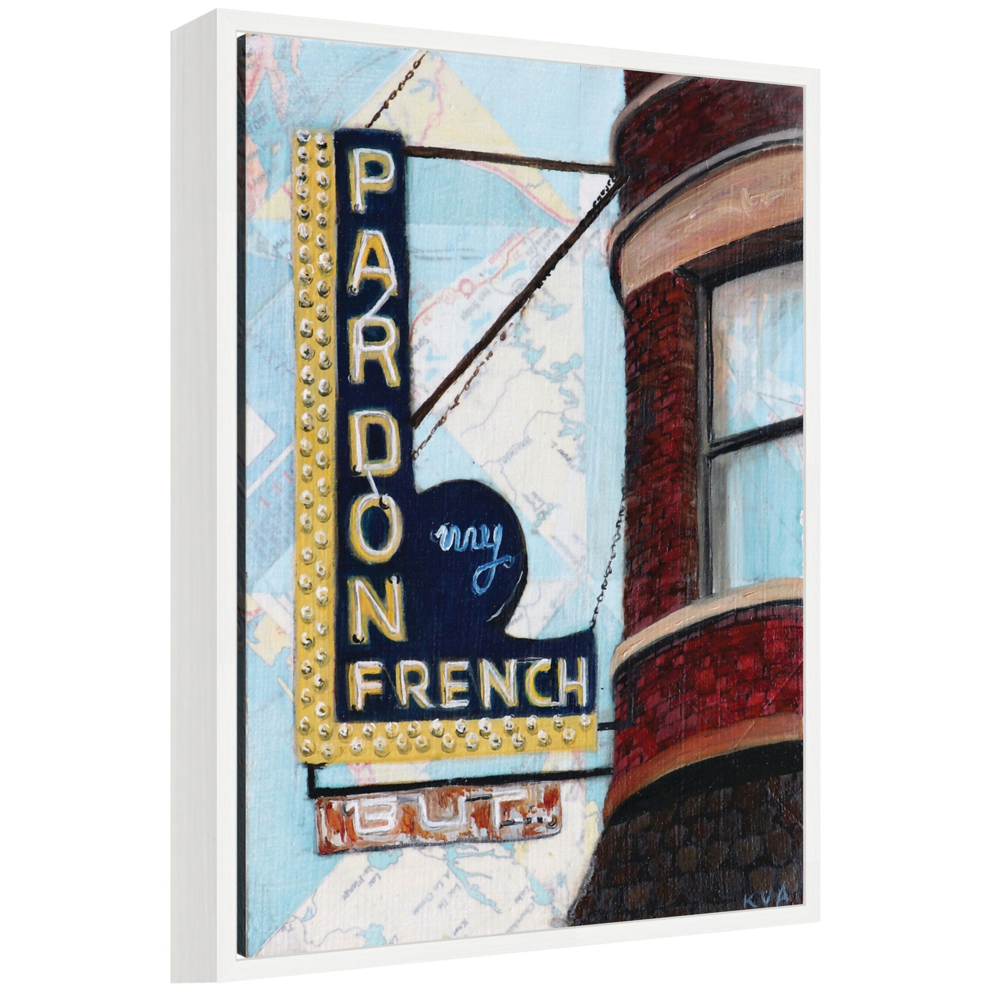 Pardon My French by Krista V.
Allenstein framed canvas wall art featuring bold black and white lettering in Sylvie white frame