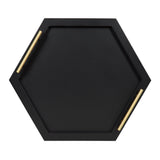 Hexagonal black decorative tray with two parallel gold handles on opposite sides, showing a sleek, modern design with a flat base and raised edges.