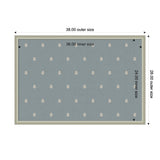 Rectangular blue pinboard with small white botanical motifs evenly spaced on fabric, surrounded by a light beige frame, dimensions marked with outer and inner sizes.