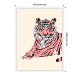 Stylized pink and black tiger with bold stripes resting against a soft beige background, framed in a simple white border with labeled outer dimensions.