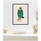 Stylized leopard standing upright wearing a vibrant green coat, sunglasses, and holding a small black handbag on a plain light background.