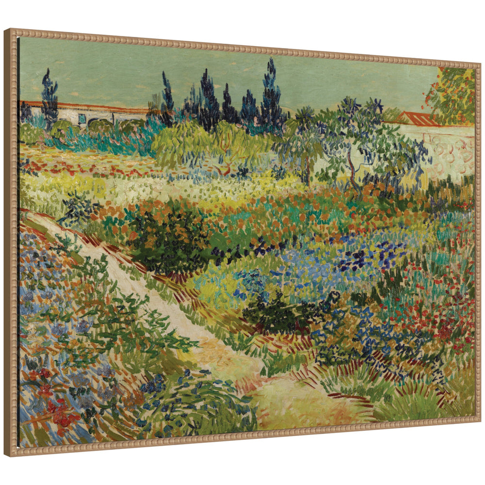Framed canvas wall art print titled 'Garden at Arles by Vincent van Gogh' with a Sylvie Beaded Rustic Natural frame.