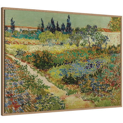 Framed canvas wall art print titled 'Garden at Arles by Vincent van Gogh' with a Sylvie Beaded Rustic Natural frame.