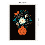 Framed canvas featuring a stylized orange vase with symmetrical white, orange, and teal flowers on a black background, 18x24 inches with decorative white frame.