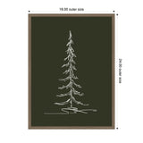 Minimalist white line sketch of a tall evergreen tree on a dark green background framed in light wood, dimensions 18 by 24 inches shown.