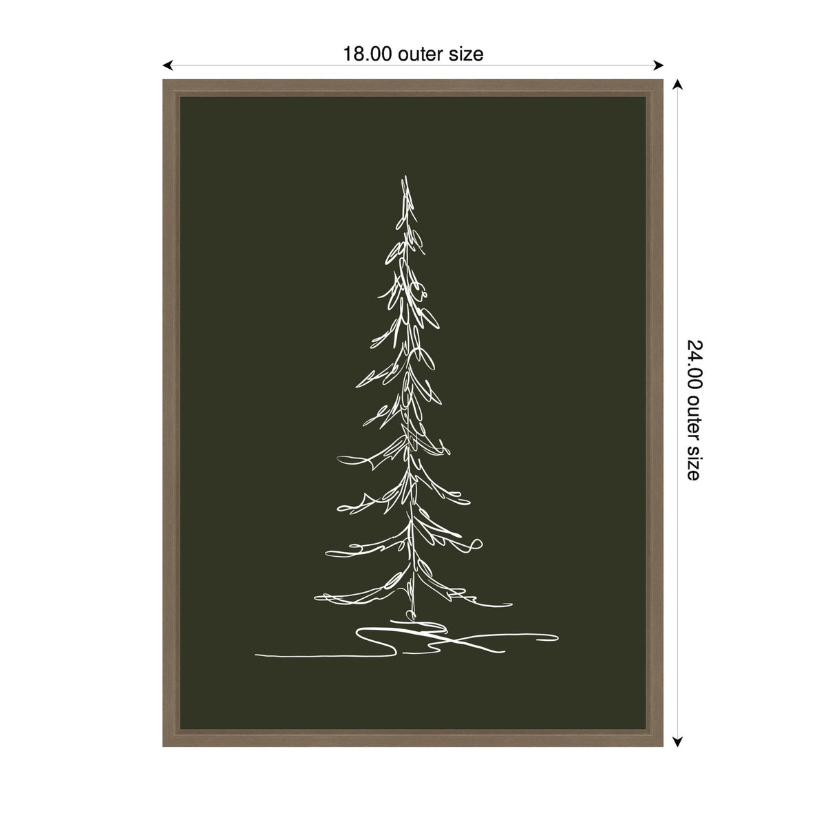 Minimalist white line sketch of a tall evergreen tree on a dark green background framed in light wood, dimensions 18 by 24 inches shown.