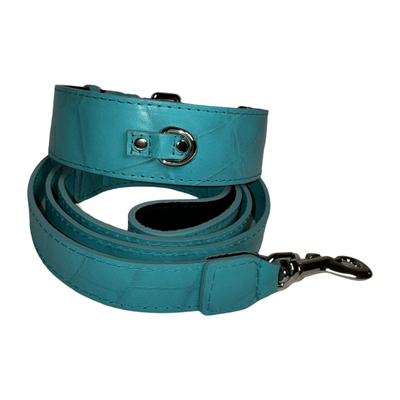 The Tiffany Collection. Gorgeous Turquoise Blue Embossed Croc Italian Leather Collar & Leash Set, With Our Classic Silver Hardware.
