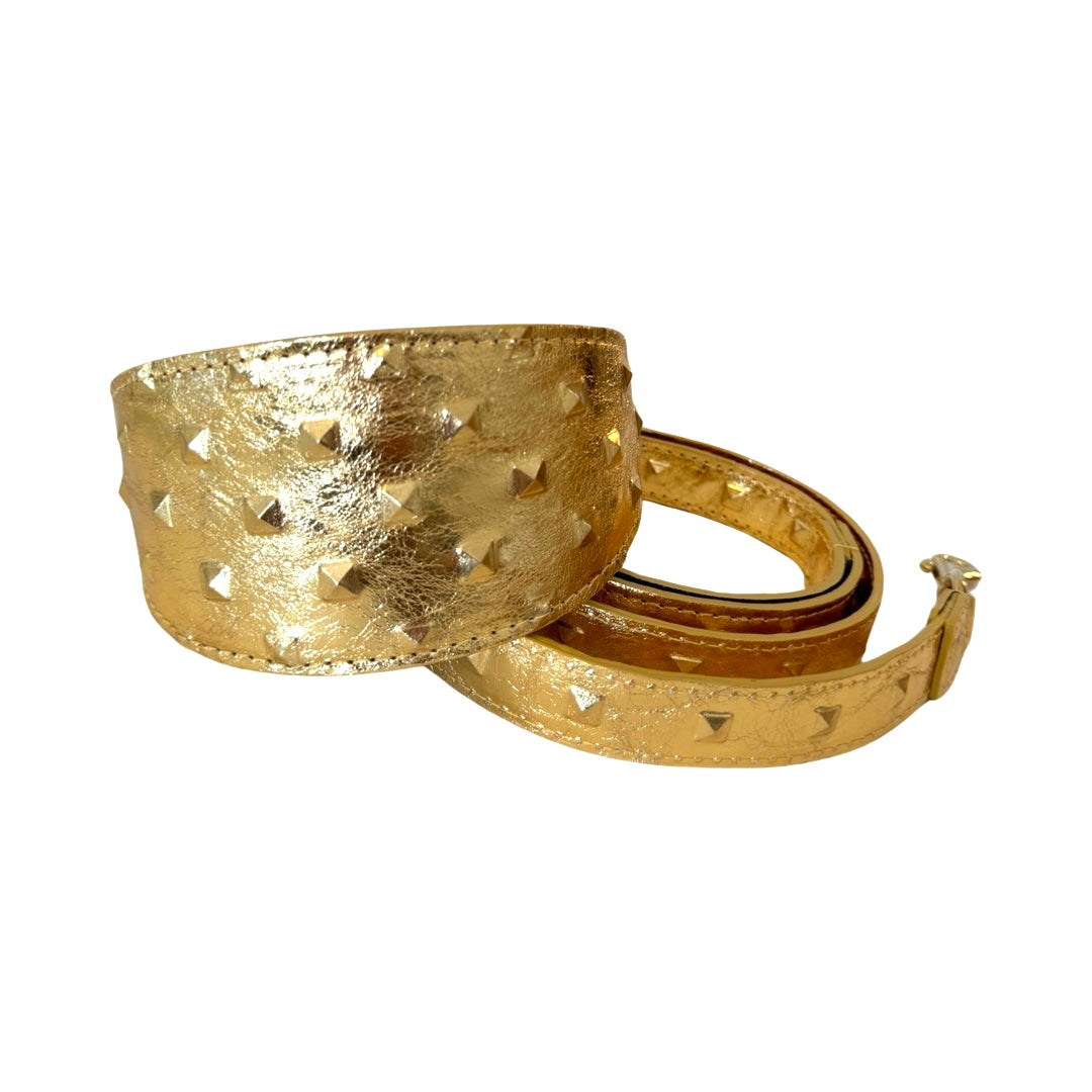 Glam Gold Embossed Studded Italian Leather Collar & Leash Set laid flat, showing gold studs and embossed leather texture