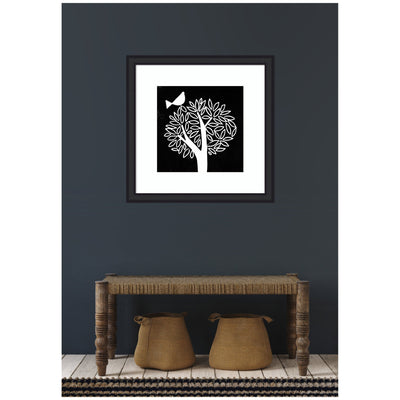 Framed Art Black and White Bird Tree Linocut by Giuliana Lazzerini