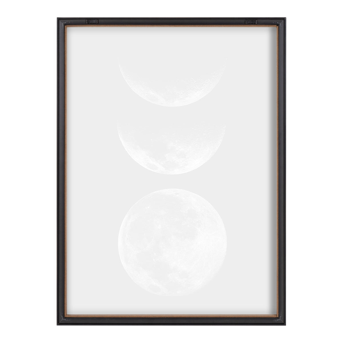 Framed artwork with three white moon phases vertically aligned on a light gray background within a simple dark brown frame.