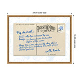 Decorative postcard with blue handwritten message about the sea, framed with pale blue seashell patterns and light wood frame, 24x18 inches outer size.
