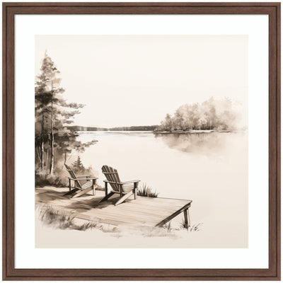 Framed abstract sketch of Adirondack chairs on a dock, artwork by The Creative Bunch Studio