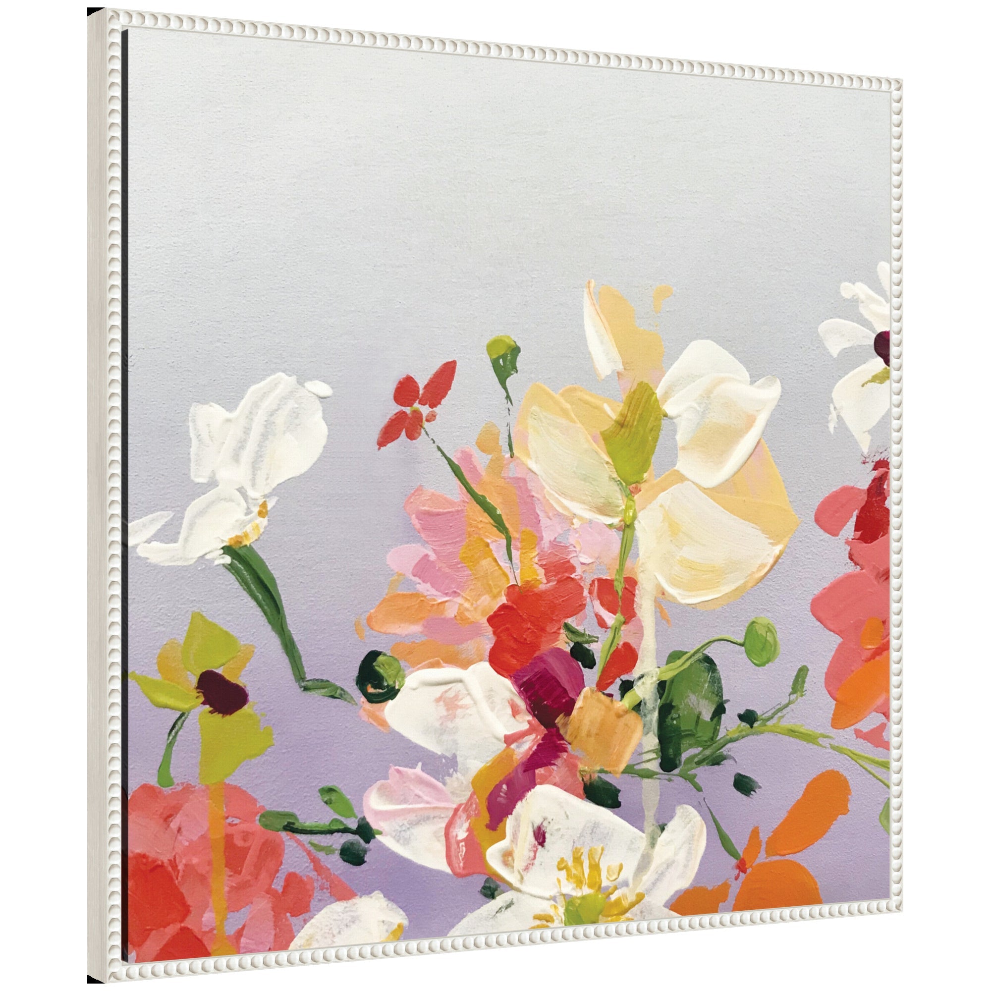 Framed canvas wall art titled Sylvie Facing Each One showing vibrant floral image in vintage beaded frame.