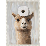 Painting of a smiling alpaca head with a white toilet paper roll balanced on its forehead, framed in a textured white frame against a light, muted background.
