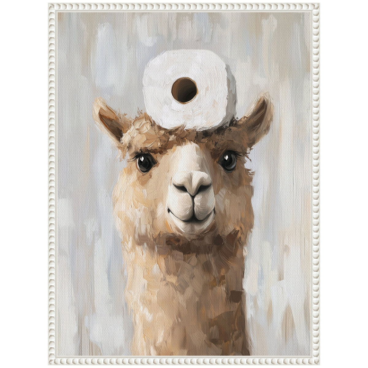 Painting of a smiling alpaca head with a white toilet paper roll balanced on its forehead, framed in a textured white frame against a light, muted background.