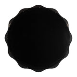 Round mirror back panel with black scalloped edge and two metal D-ring hangers on white background, viewed from the reverse side.