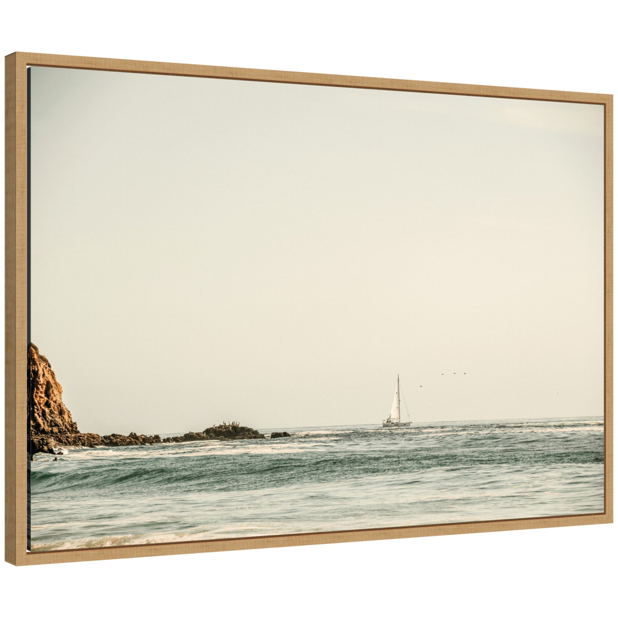 Framed canvas art titled Sylvie Sailing the Pacific by Alicia Bock featuring a beach scene