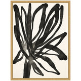 Abstract black ink brush strokes resembling overlapping elongated leaves on a white background, framed in a simple light wood frame.