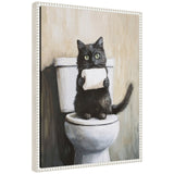 Framed canvas art of a mischievous black cat holding a toilet paper roll
