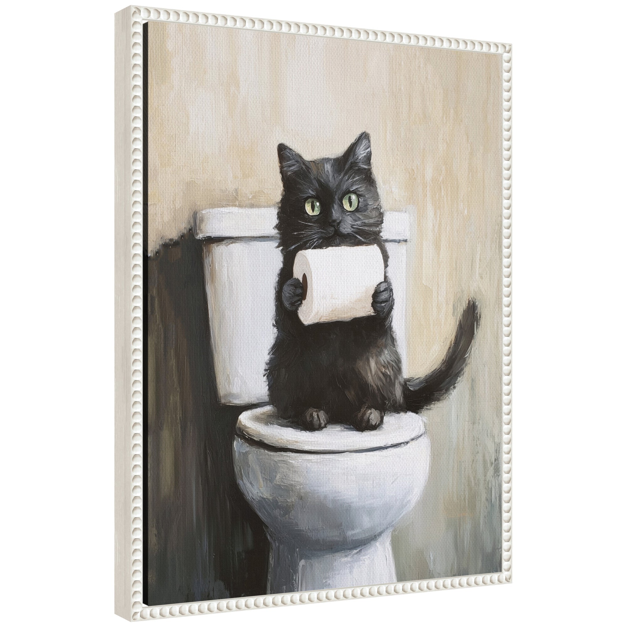 Framed canvas art of a mischievous black cat holding a toilet paper roll