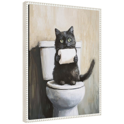 Framed canvas art of a mischievous black cat holding a toilet paper roll
