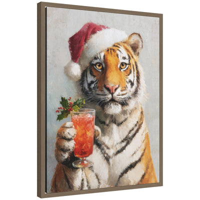 Framed canvas print of tiger wearing Santa hat holding red cocktail with holly leaves