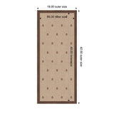 Rectangular fabric board with 18 by 42-inch brown wooden frame and a beige center patterned with evenly spaced small red botanical block prints, marked with 16 by 40-inch inner dimensions.