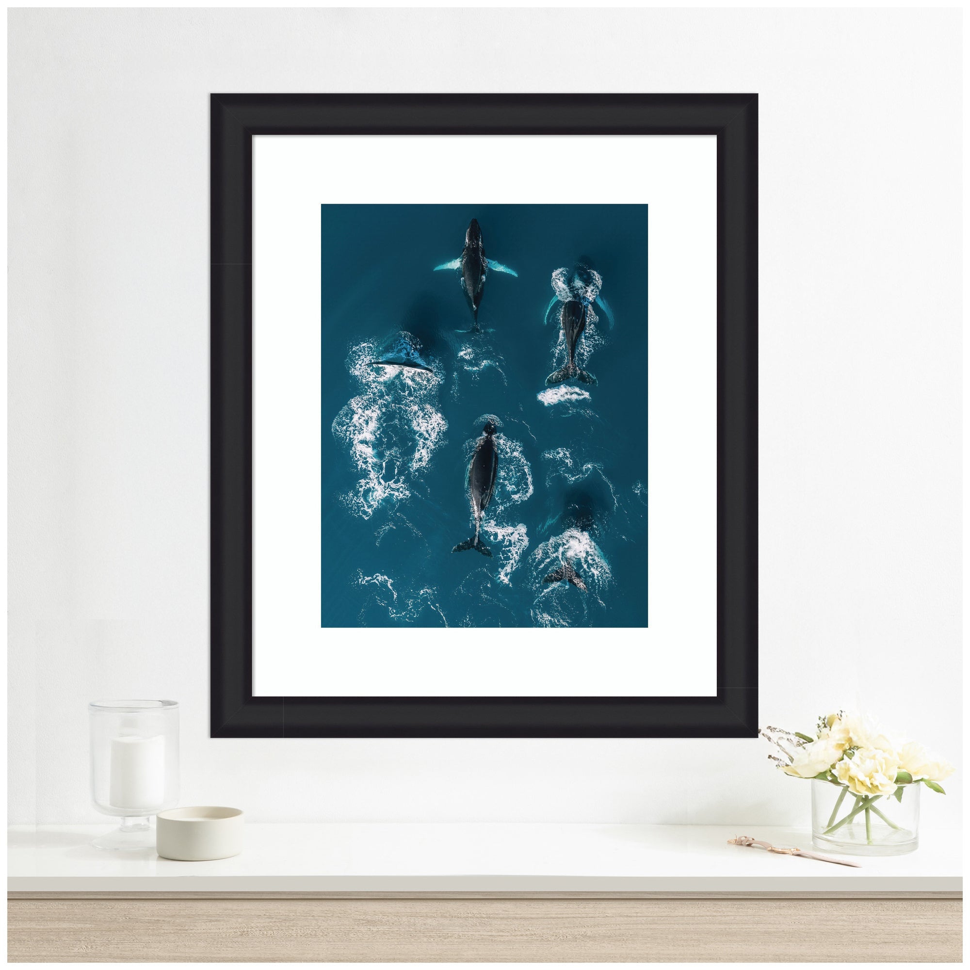 Framed Art School of Humpback Whales in the Blue Ocean by Michael Schauer