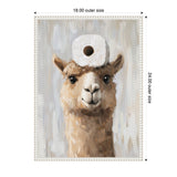 Framed painting of a light brown alpaca head with a white toilet paper roll balanced on its head, against a soft neutral background.
