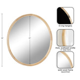 Round wall mirror with a 1.5-inch scalloped natural wood frame, 34 inches diameter, featuring D-ring hangers on the back, and a 31-inch reflective surface.