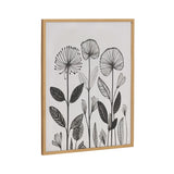 Framed black-and-white linocut botanical print featuring stylized flowers with radiating lines and patterned leaves on a white background.