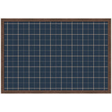 Rectangular navy blue fabric pinboard with a light beige grid pattern framed by medium brown wood, shown from the front.