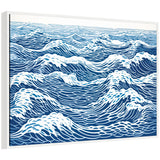 Framed canvas featuring blue and white linocut-style abstract waves with detailed flowing lines and frothy crests in a repeating pattern.